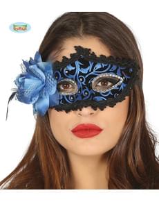 Schwarz-blaue venezianische Maske mit Blume für Frauen